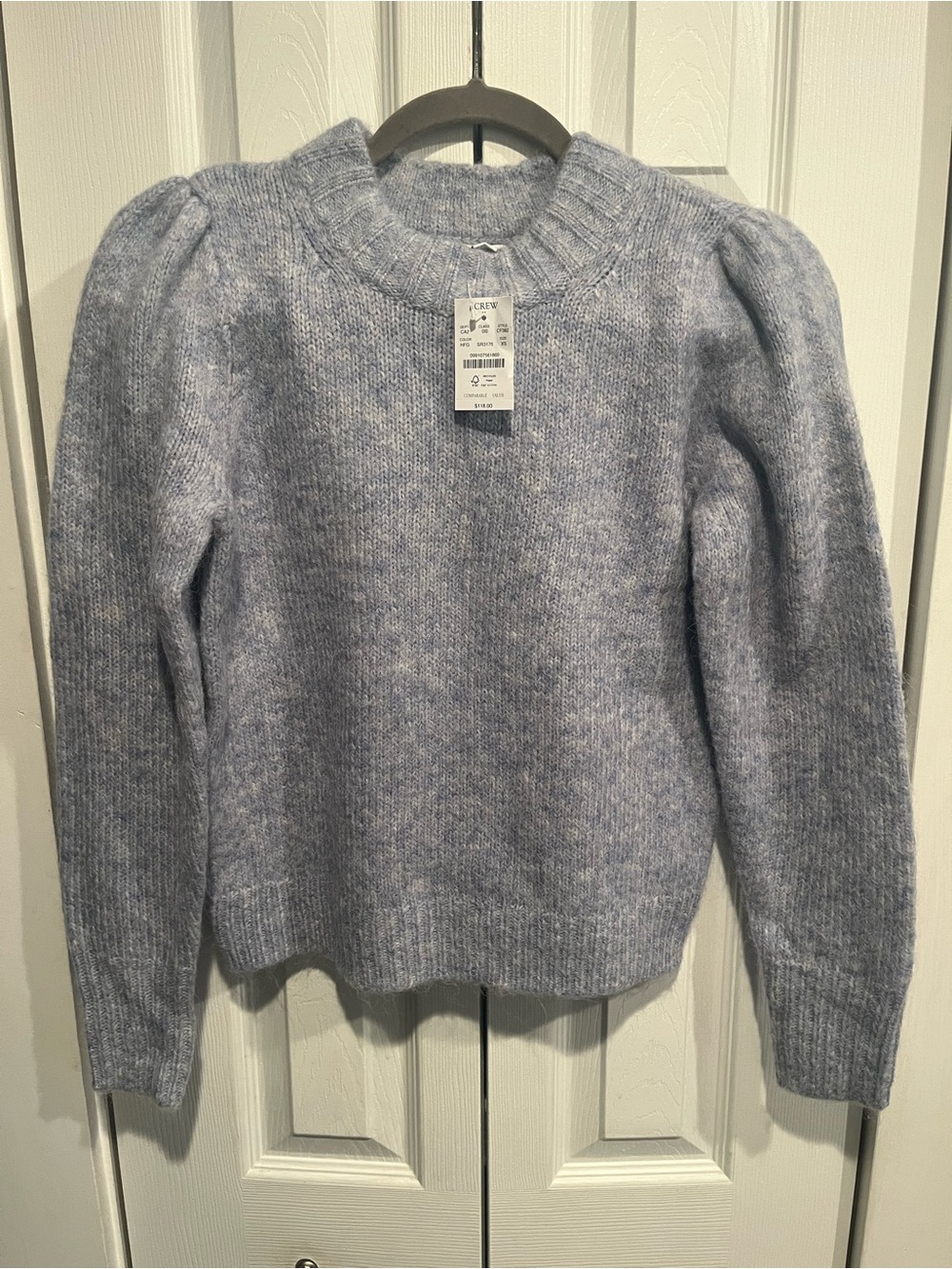 J. Crew Light Blue Puff-Sleeve Crewneck Sweater adorable Sz S NWT
